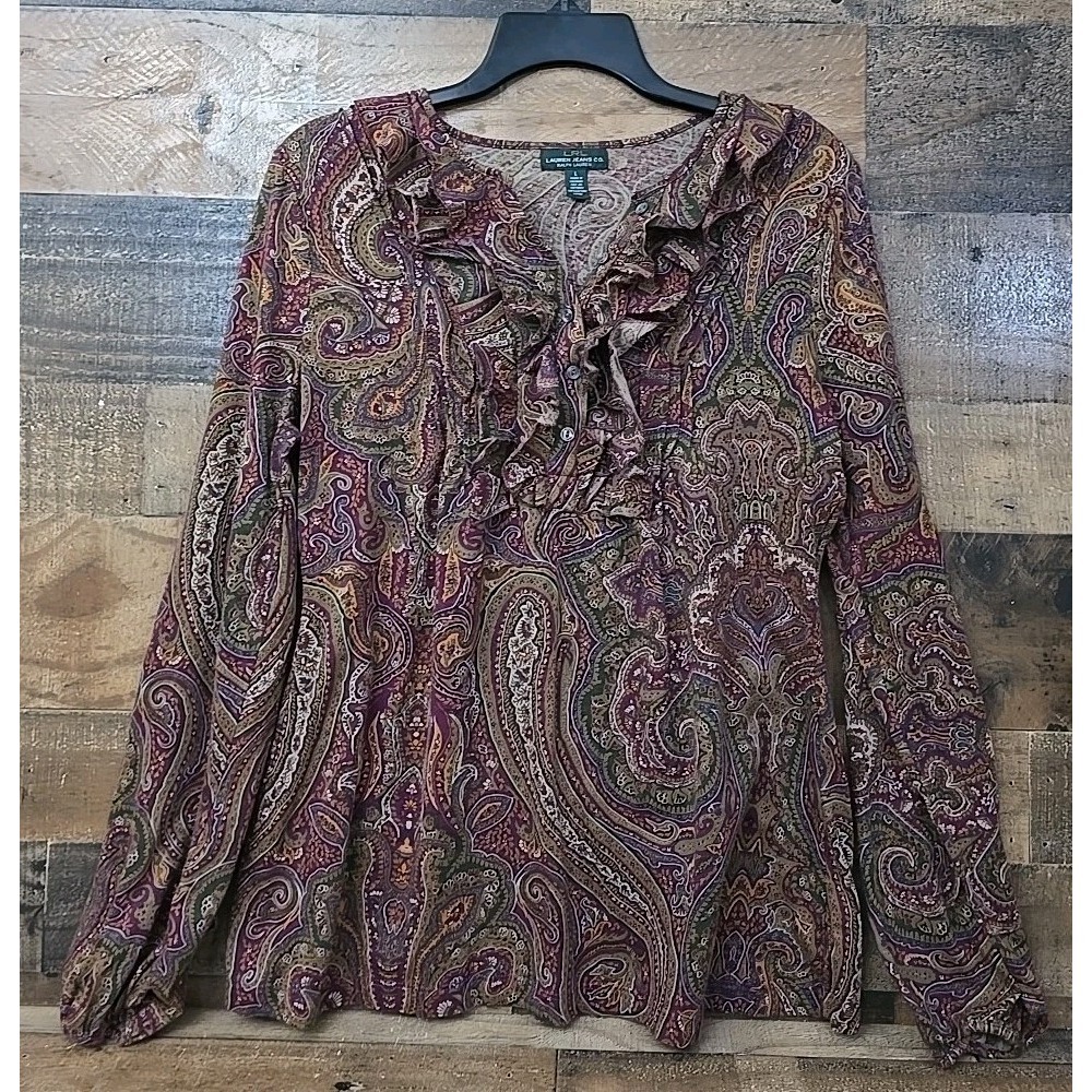Lauren Ralph Lauren Top Women Large Paisley Ruffle Cottagecore Romance Boho